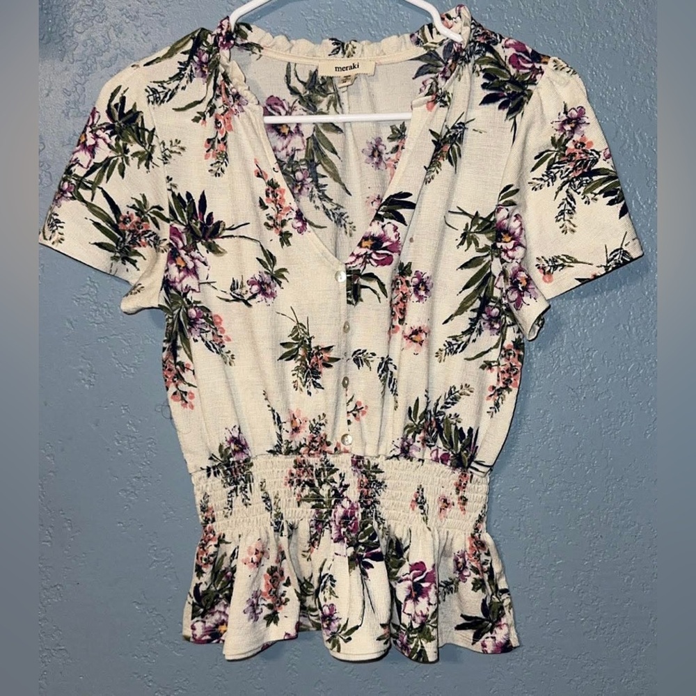 meraki Cream Floral V-Neck Short Sleeve Smocked Peplum Top